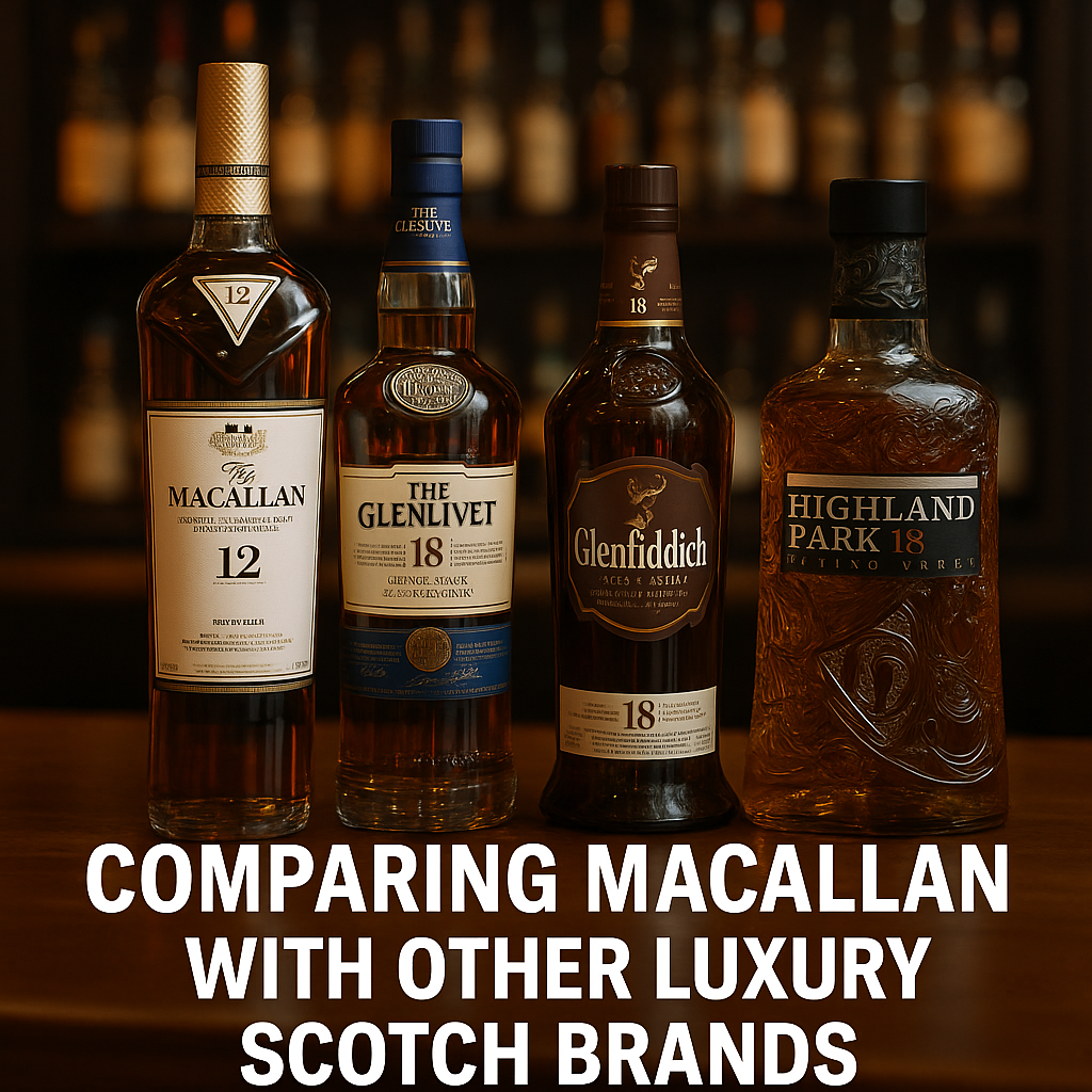 Comparing Macallan With Other Luxury Scotch Brands – A premium lineup of Macallan, Glenfiddich, Glenlivet, and Dalmore whisky bottles on a polished wooden bar.