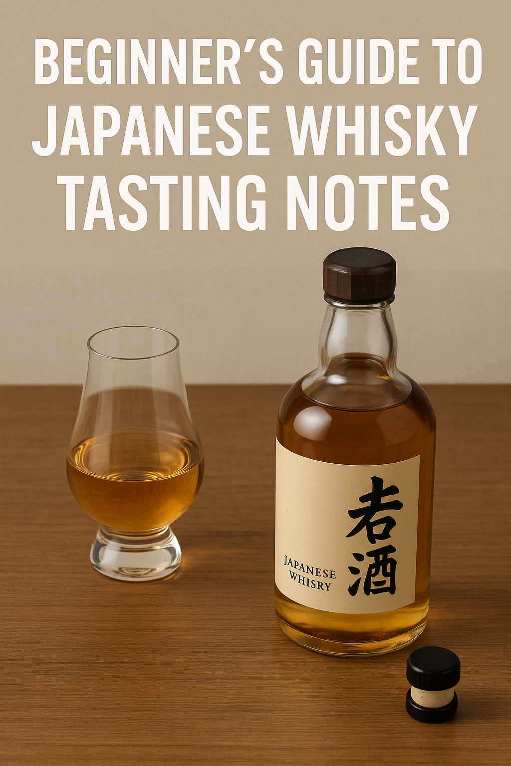 Beginner's Guide to Japanese Whisky Tasting Notes - A glass of Japanese whisky with tasting notes chart and wooden background