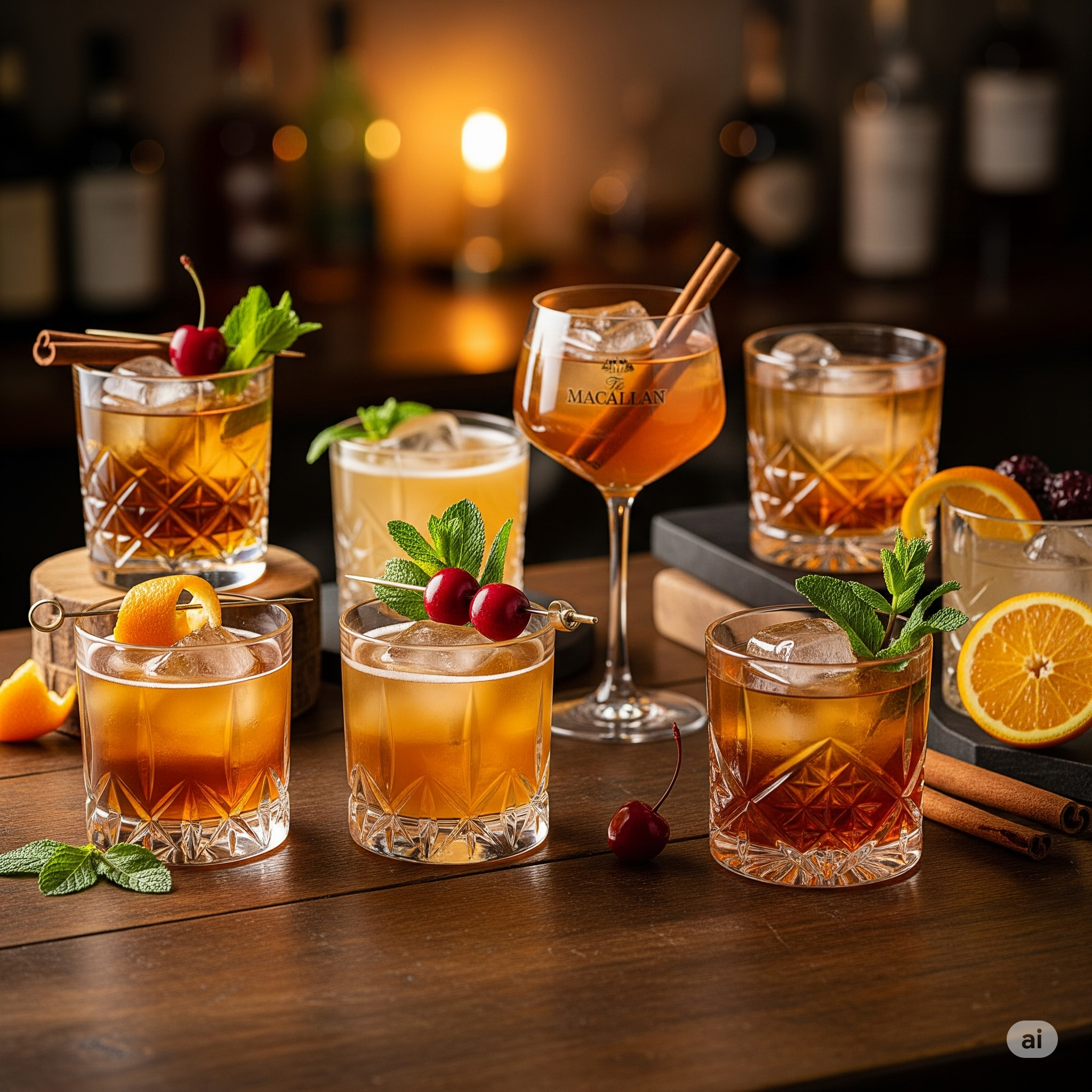Macallan Whisky Cocktail Recipes – colorful cocktails made with Macallan whisky garnished with citrus, herbs, and ice in stylish glasses