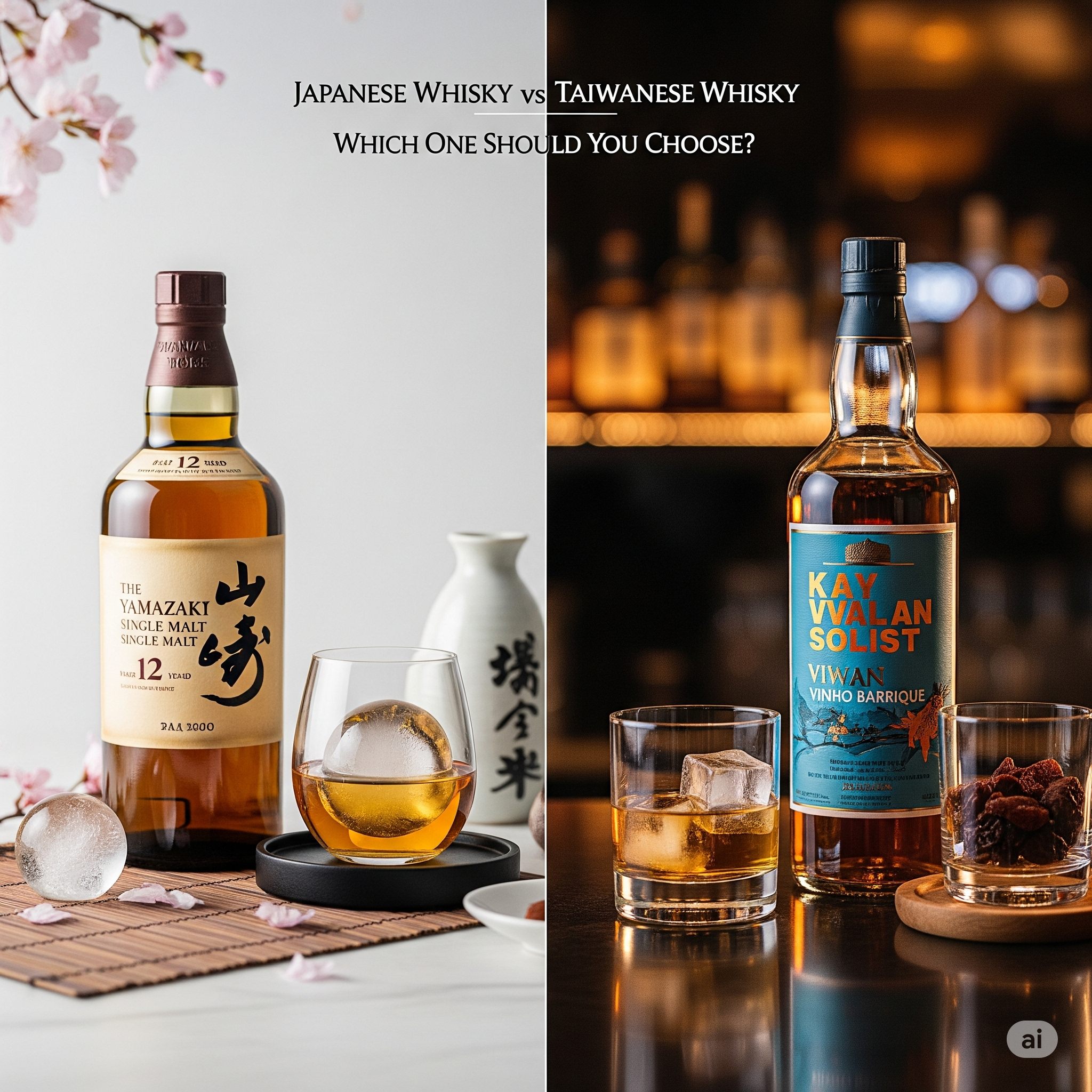 Japanese Whisky vs Taiwanese Whisky – side-by-side comparison of premium Japanese and Taiwanese whisky bottles with tasting notes icons