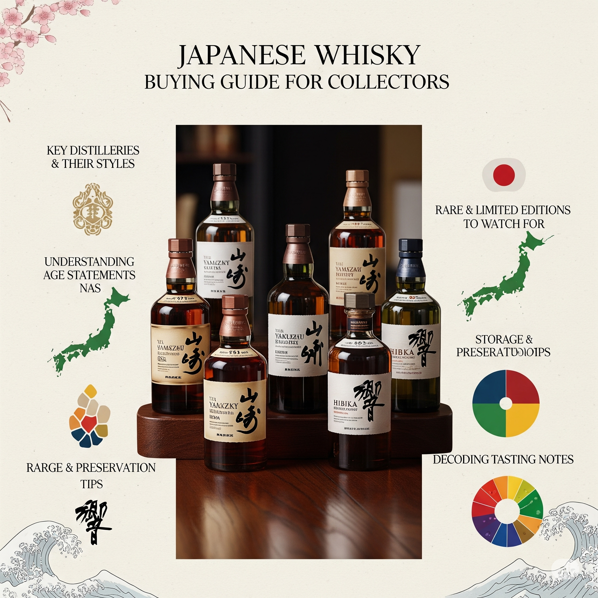 Japanese Whisky Buying Guide for Collectors – a display of rare and collectible Japanese whisky bottles arranged in a premium collector’s cabinet