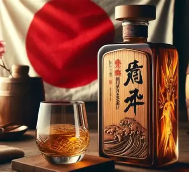 A bottle of Japanese whisky with Mt. Fuji and cherry blossoms in the background representing Japanese culture and craftsmanship